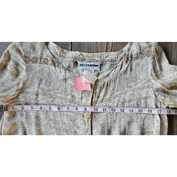 Vintage Lili Crepon Womens Top Plus 1 Tan Floral Sheer Button Up Blouse Shirt - Picture 7 of 10
